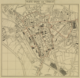214060 Plattegrond van de stad Utrecht, met weergave van het stratenplan met namen (ged.), bebouwing, wegen, ...